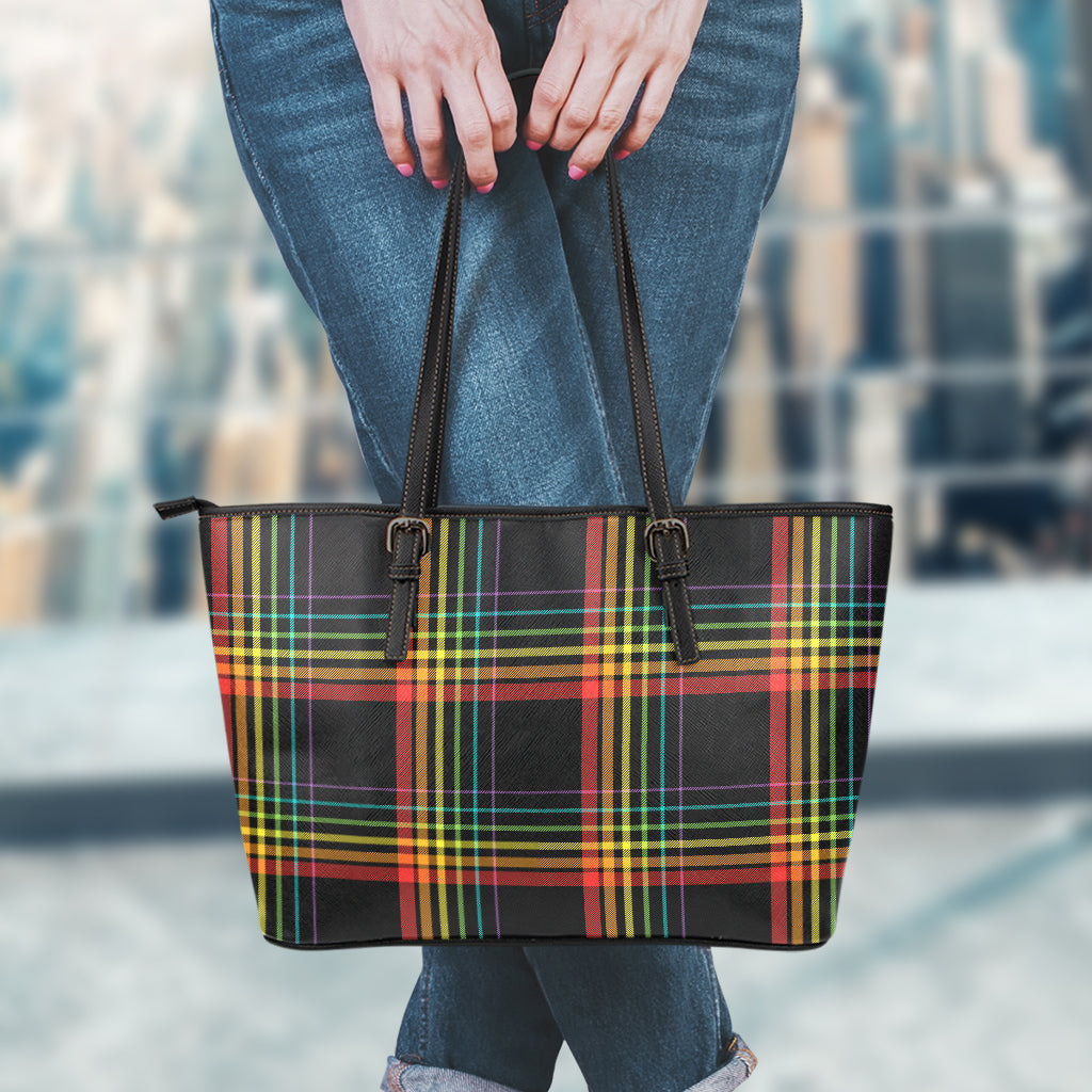 Rainbow Tartan Pattern Print Leather Tote Bag