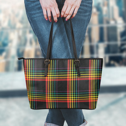 Rainbow Tartan Pattern Print Leather Tote Bag