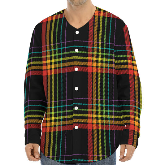 Rainbow Tartan Pattern Print Long Sleeve Baseball Jersey