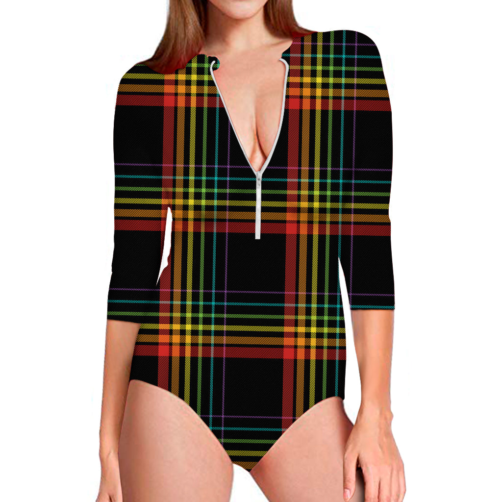 Rainbow Tartan Pattern Print Long Sleeve Swimsuit