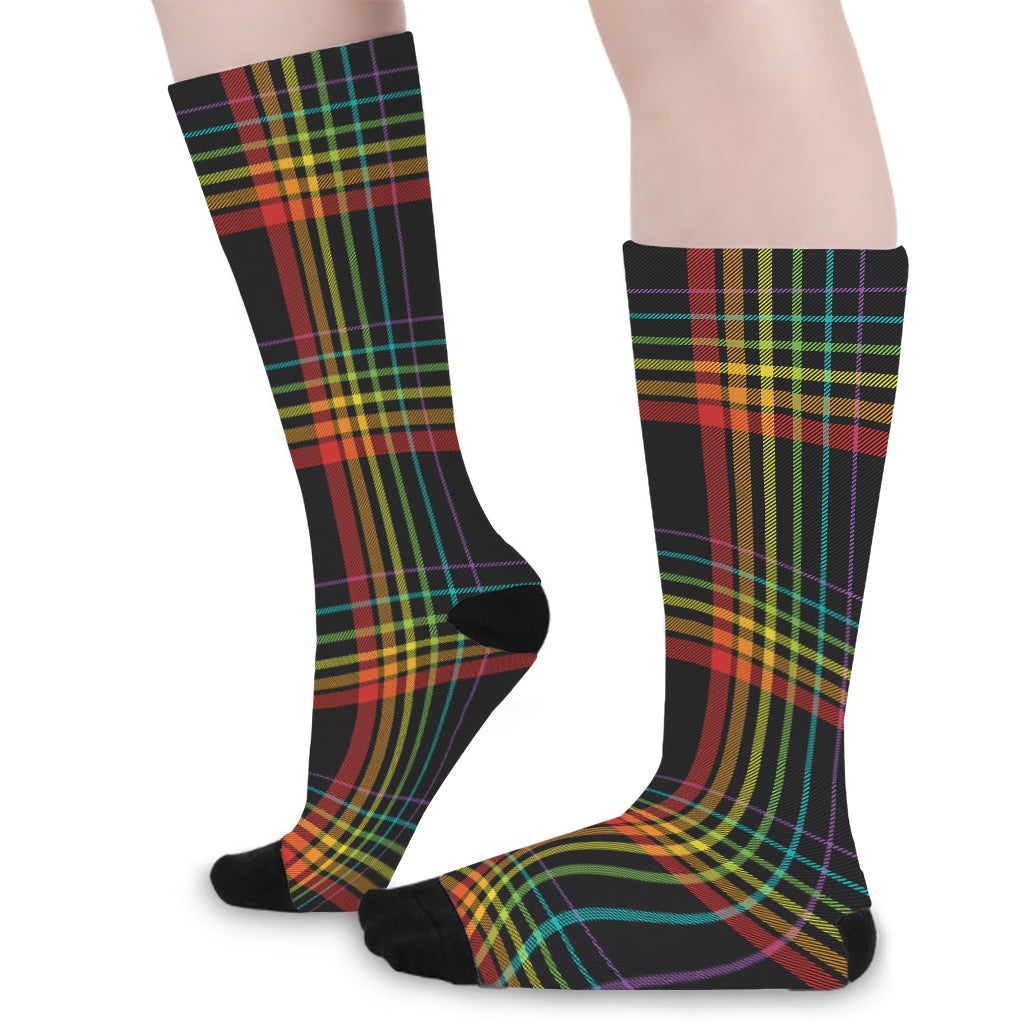 Rainbow Tartan Pattern Print Long Socks
