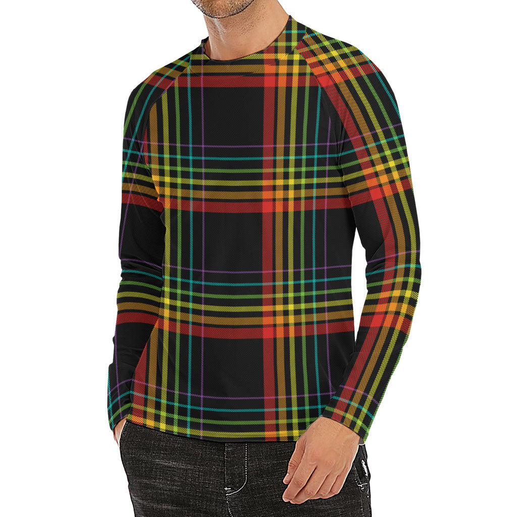 Rainbow Tartan Pattern Print Men's Long Sleeve Rash Guard