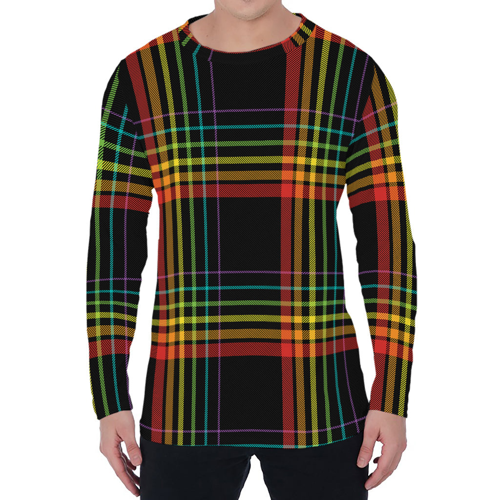 Rainbow Tartan Pattern Print Men's Long Sleeve T-Shirt