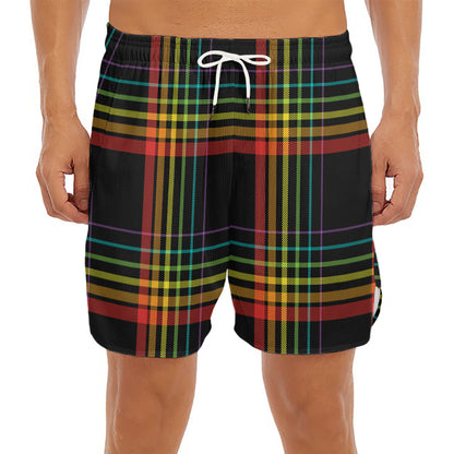 Rainbow Tartan Pattern Print Men's Split Running Shorts