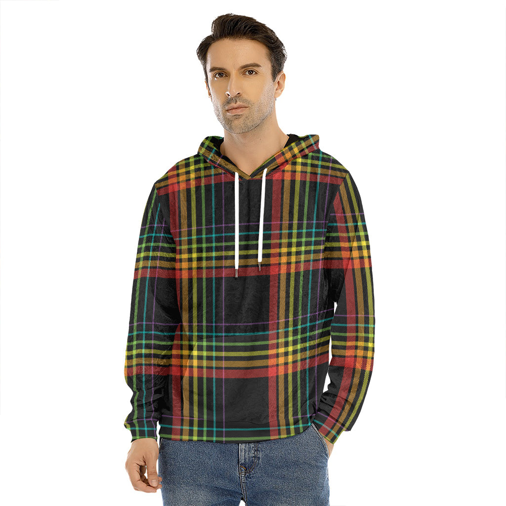 Rainbow Tartan Pattern Print Men's Velvet Pullover Hoodie