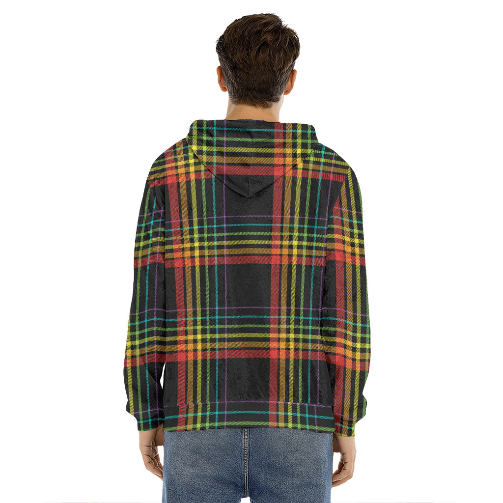 Rainbow Tartan Pattern Print Men's Velvet Pullover Hoodie