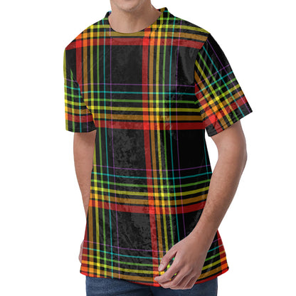 Rainbow Tartan Pattern Print Men's Velvet T-Shirt