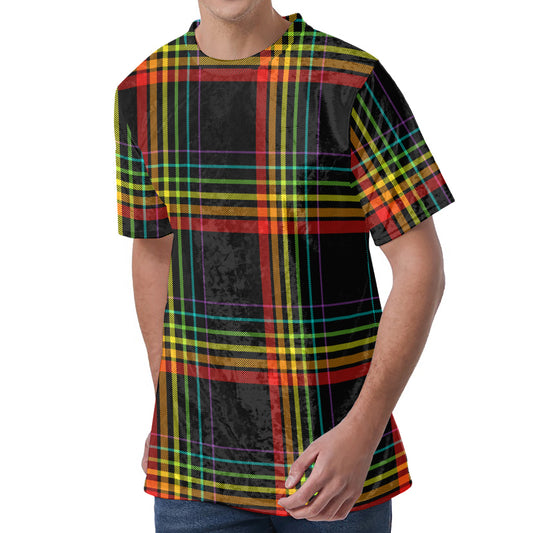 Rainbow Tartan Pattern Print Men's Velvet T-Shirt