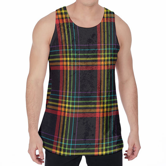 Rainbow Tartan Pattern Print Men's Velvet Tank Top