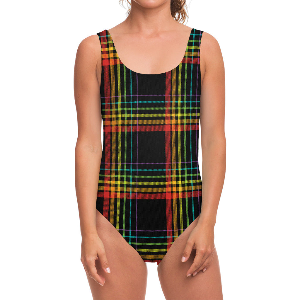Rainbow Tartan Pattern Print One Piece Swimsuit