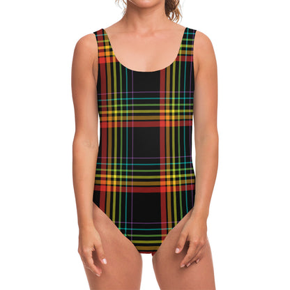 Rainbow Tartan Pattern Print One Piece Swimsuit