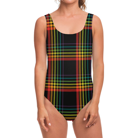 Rainbow Tartan Pattern Print One Piece Swimsuit