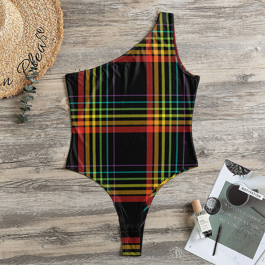Rainbow Tartan Pattern Print One Shoulder Bodysuit