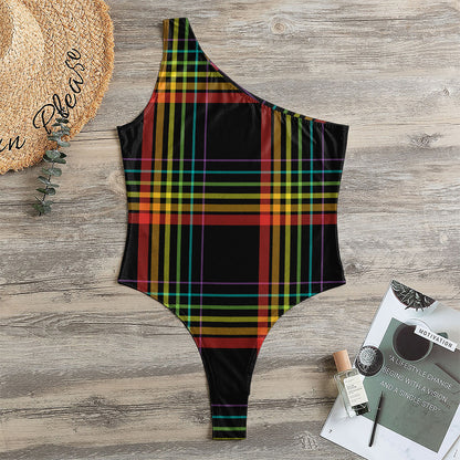 Rainbow Tartan Pattern Print One Shoulder Bodysuit