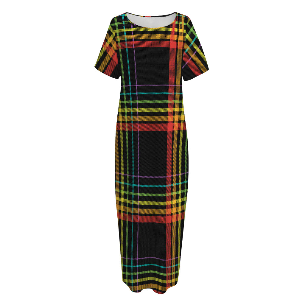 Rainbow Tartan Pattern Print Short Sleeve Long Nightdress