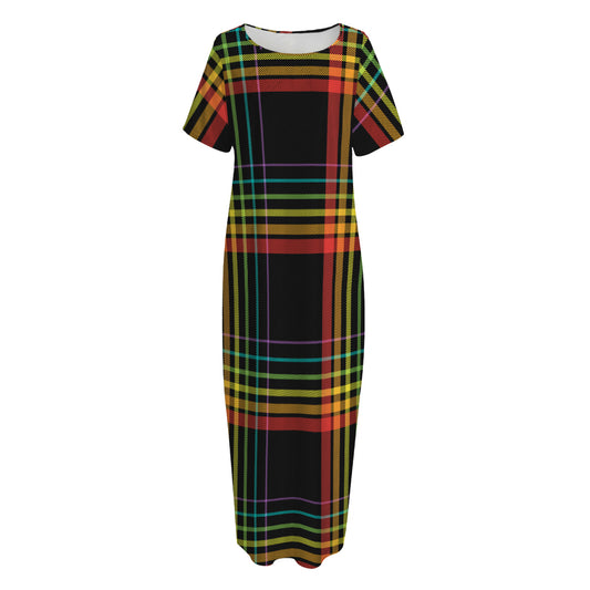 Rainbow Tartan Pattern Print Short Sleeve Long Nightdress