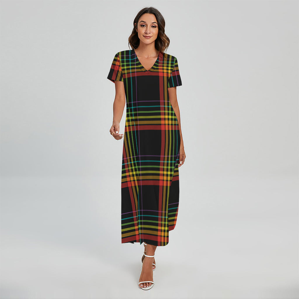 Rainbow Tartan Pattern Print Short Sleeve Maxi Dress