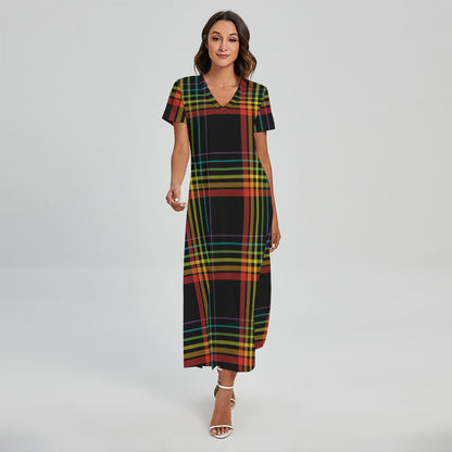 Rainbow Tartan Pattern Print Short Sleeve Maxi Dress