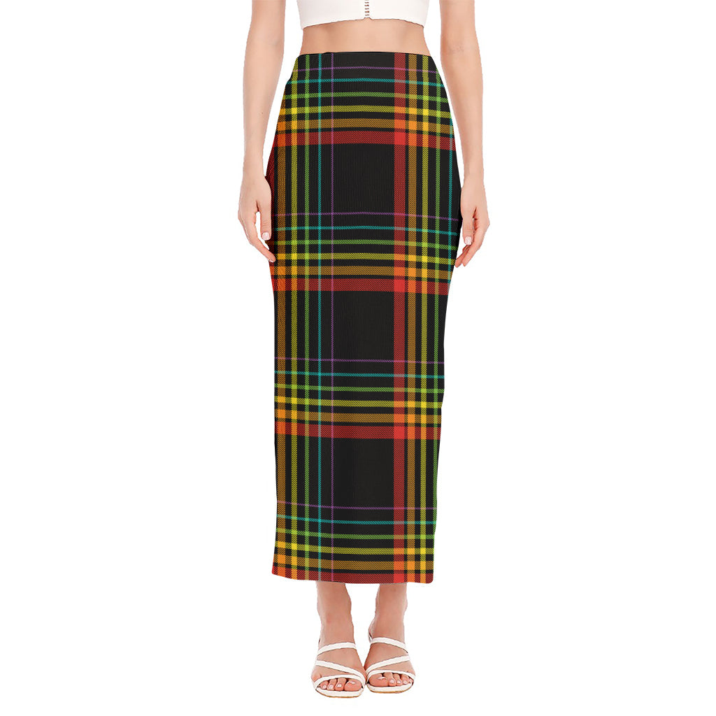 Rainbow Tartan Pattern Print Side Slit Maxi Skirt