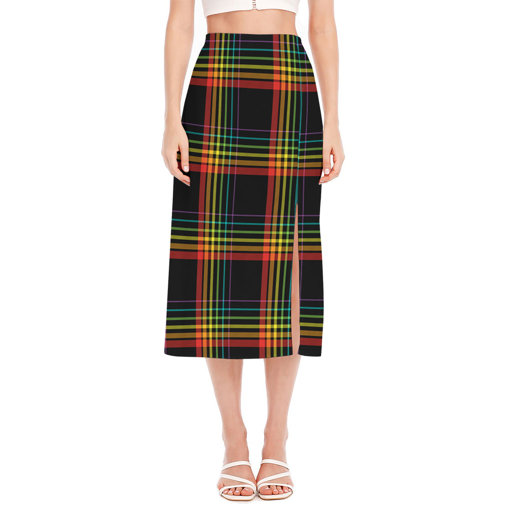 Rainbow Tartan Pattern Print Side Slit Midi Skirt