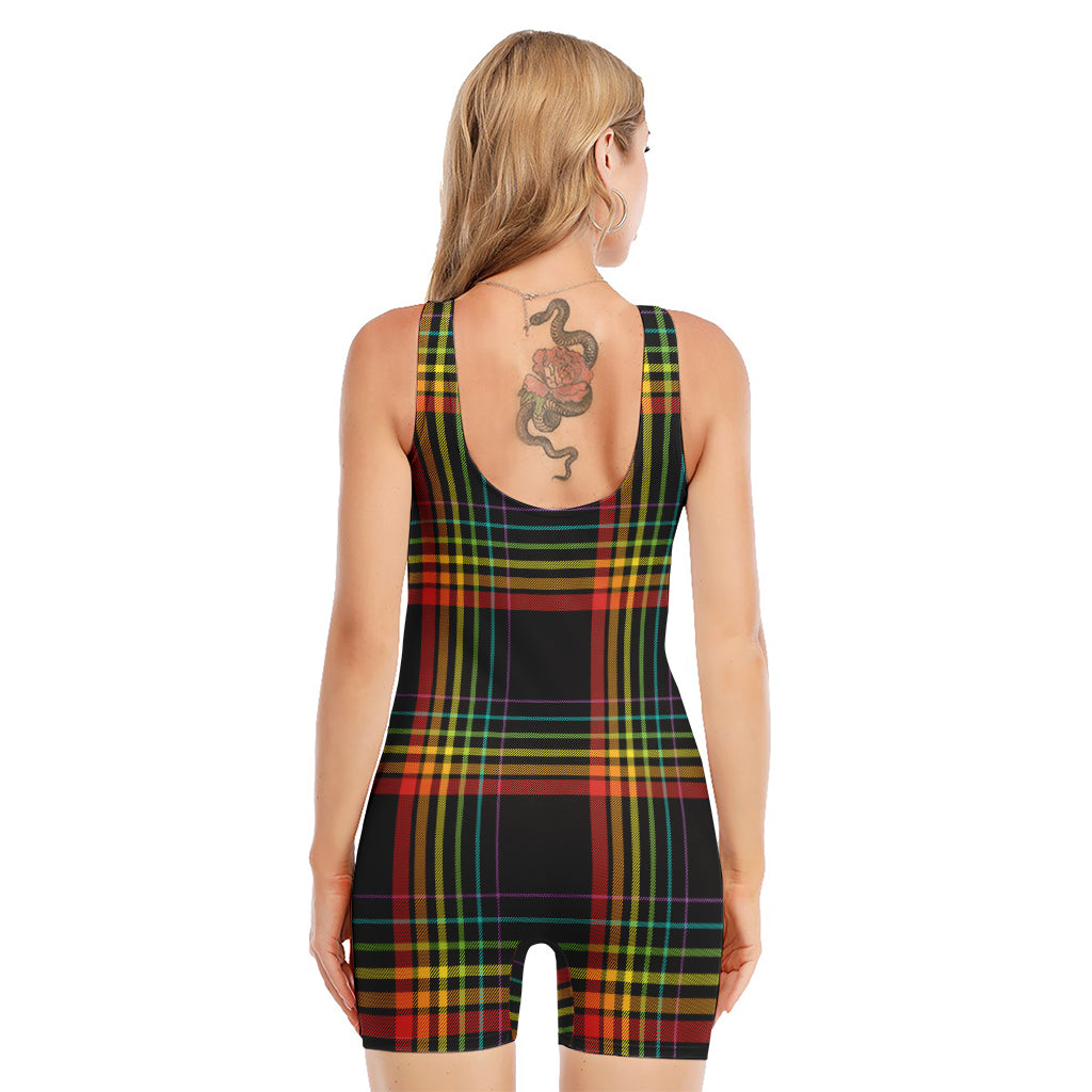 Rainbow Tartan Pattern Print Sleeveless One Piece Swimsuit