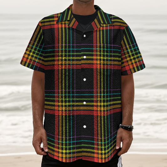 Rainbow Tartan Pattern Print Textured Short Sleeve Shirt