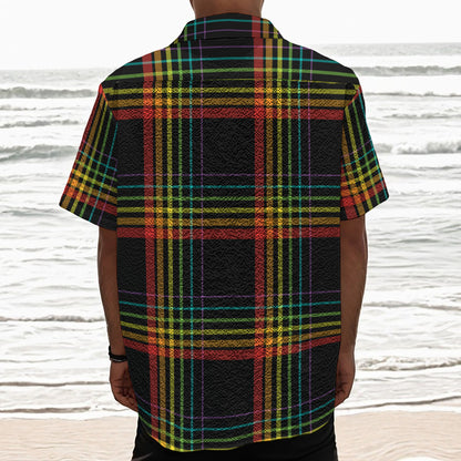 Rainbow Tartan Pattern Print Textured Short Sleeve Shirt