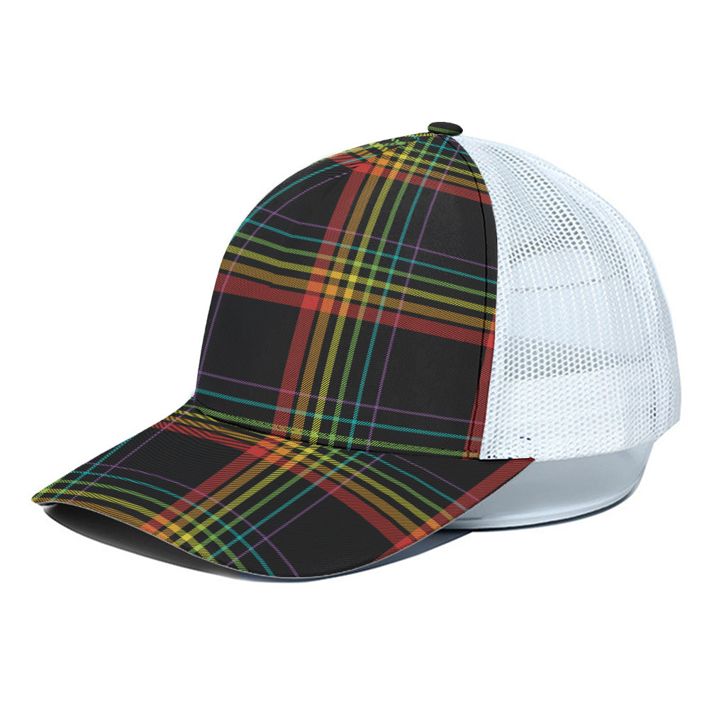 Rainbow Tartan Pattern Print White Mesh Trucker Cap