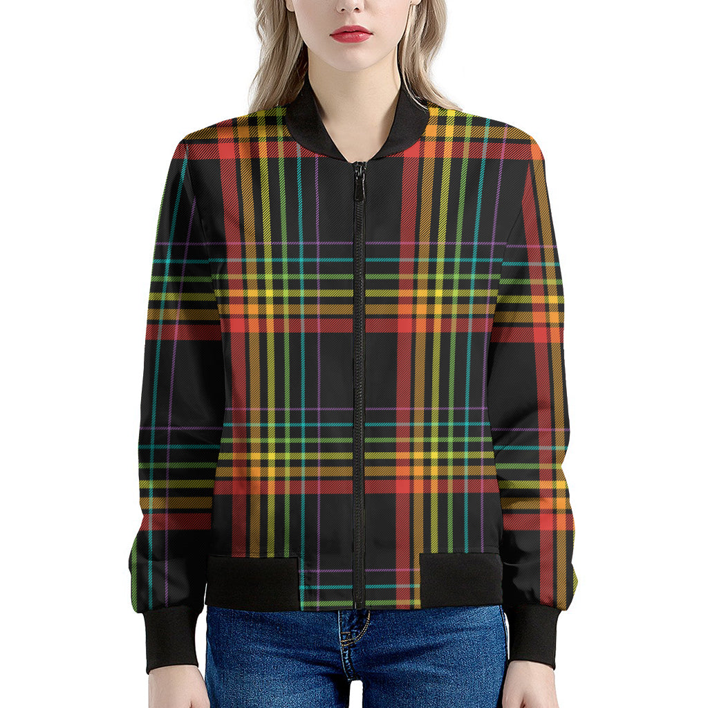Rainbow Tartan Pattern Print Women's Bomber Jacket