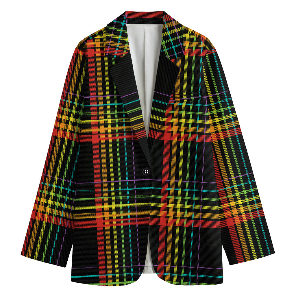 Rainbow Tartan Pattern Print Women's Cotton Blazer