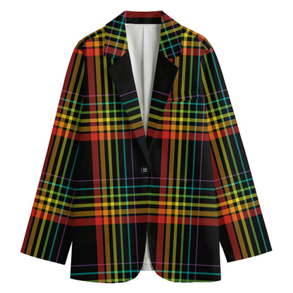Rainbow Tartan Pattern Print Women's Cotton Blazer