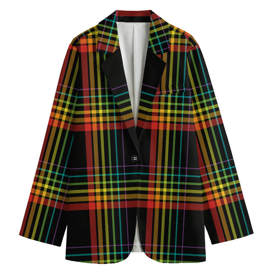 Rainbow Tartan Pattern Print Women's Cotton Blazer