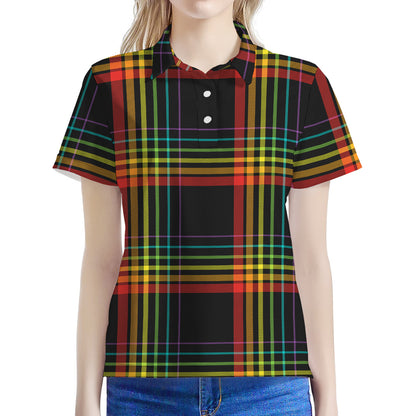 Rainbow Tartan Pattern Print Women's Polo Shirt