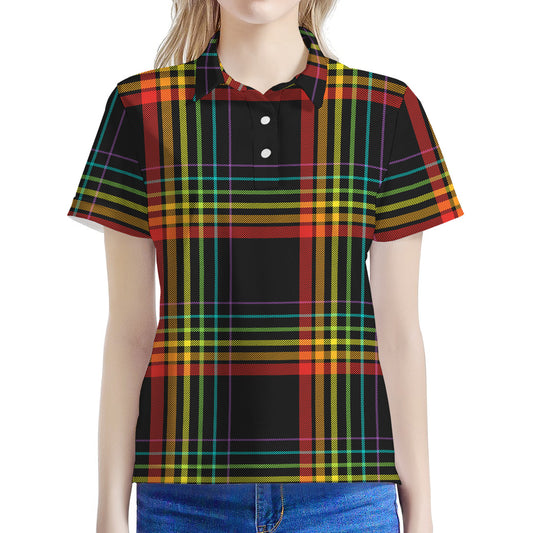 Rainbow Tartan Pattern Print Women's Polo Shirt