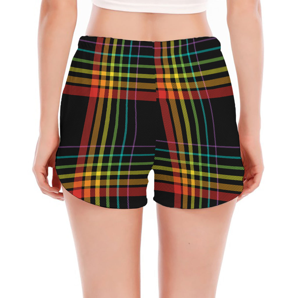 Rainbow Tartan Pattern Print Women's Split Running Shorts