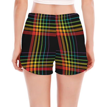 Rainbow Tartan Pattern Print Women's Split Running Shorts