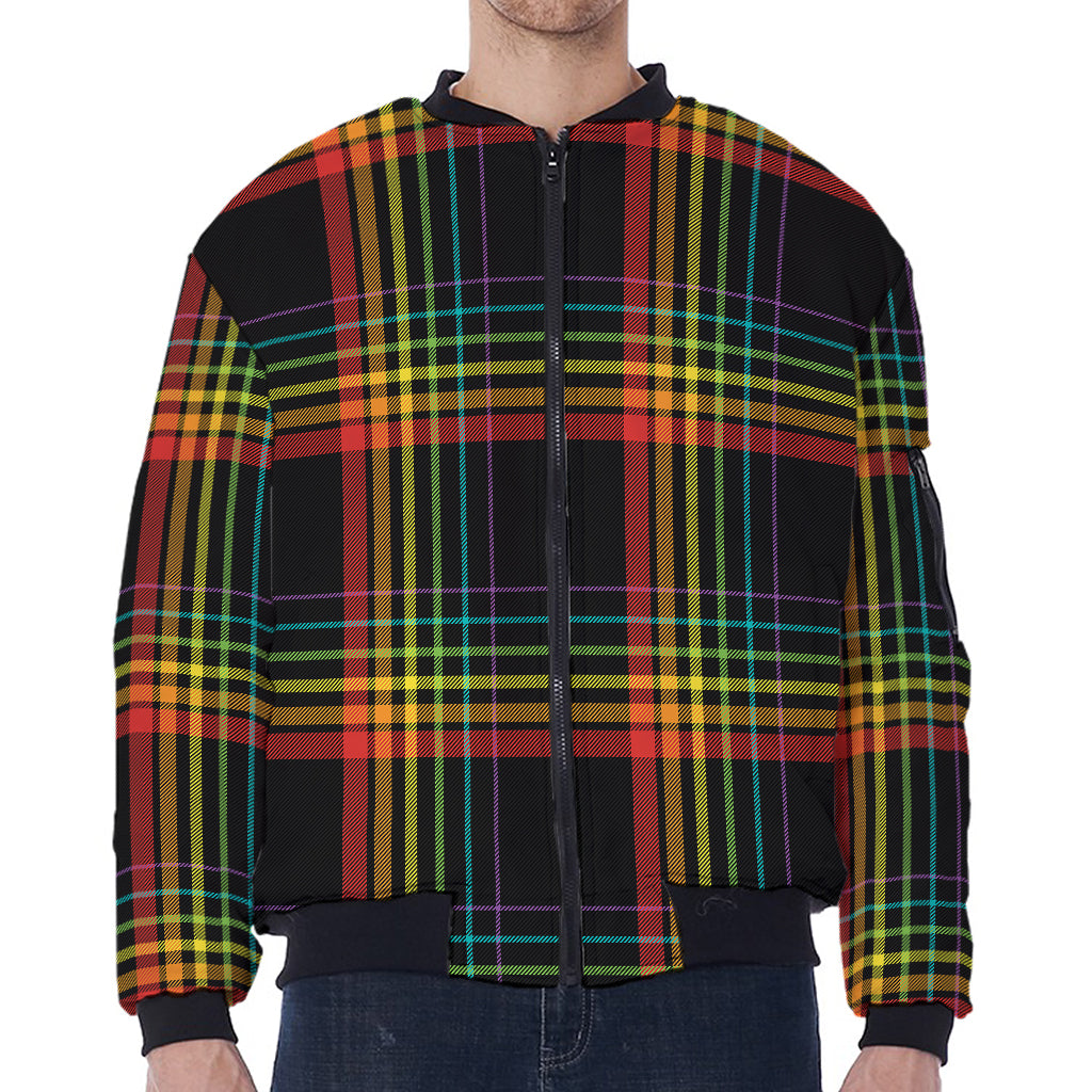 Rainbow Tartan Pattern Print Zip Sleeve Bomber Jacket