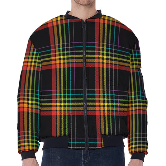 Rainbow Tartan Pattern Print Zip Sleeve Bomber Jacket