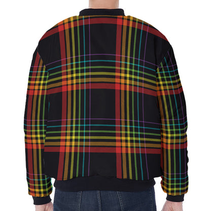 Rainbow Tartan Pattern Print Zip Sleeve Bomber Jacket