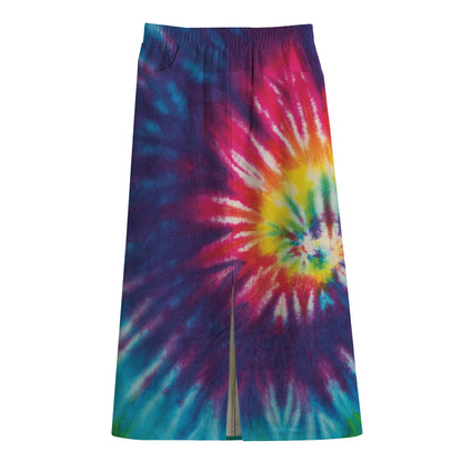 Rainbow Tie Dye Print Cotton Front Slit Maxi Skirt