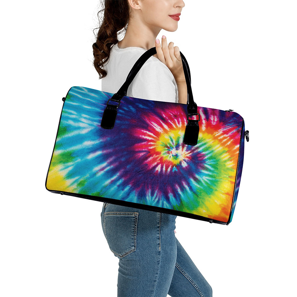 Rainbow Tie Dye Print Leather Duffle Bag