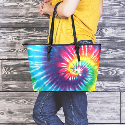 Rainbow Tie Dye Print Leather Tote Bag