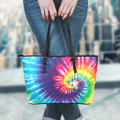 Rainbow Tie Dye Print Leather Tote Bag