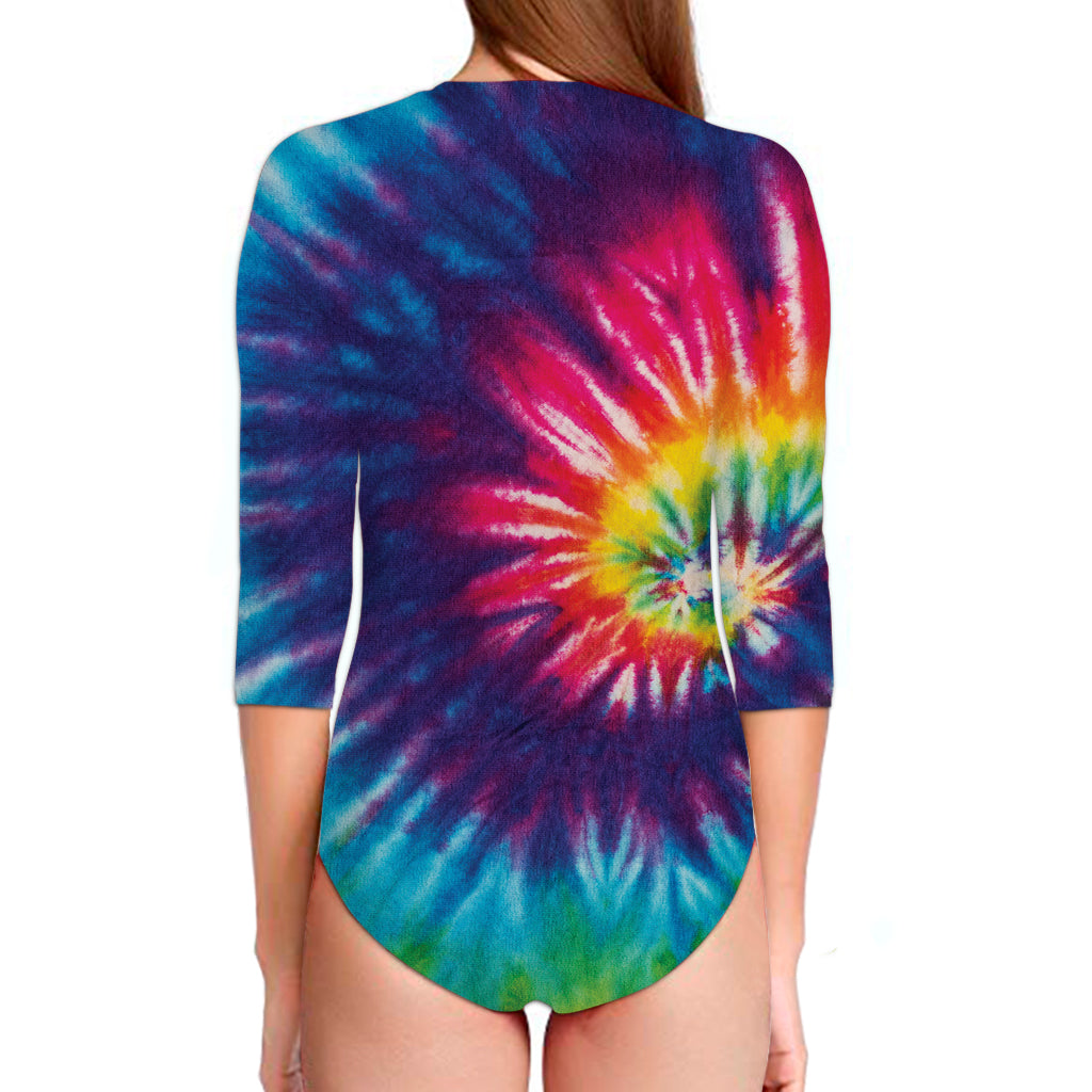 Rainbow Tie Dye Print Long Sleeve Swimsuit