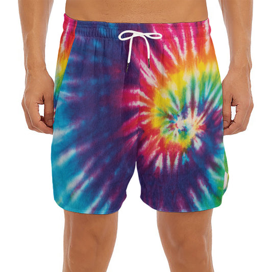 Rainbow Tie Dye Print Men's Split Running Shorts