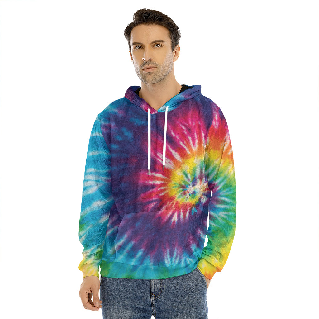 Rainbow Tie Dye Print Men's Velvet Pullover Hoodie