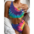 Rainbow Tie Dye Print One Shoulder Bikini Set