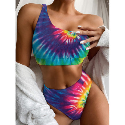 Rainbow Tie Dye Print One Shoulder Bikini Top