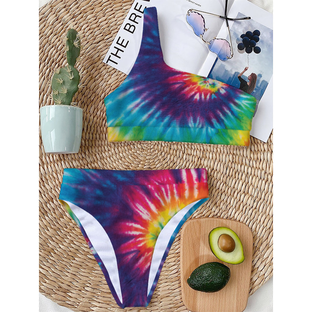 Rainbow Tie Dye Print One Shoulder Bikini Top
