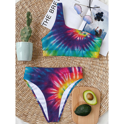 Rainbow Tie Dye Print One Shoulder Bikini Top